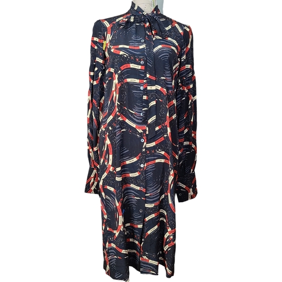 rokh Size 2-4 Silk Scarf Midi Shirtdress Blue Classic Chain Link Abstract Print - Picture 2 of 16